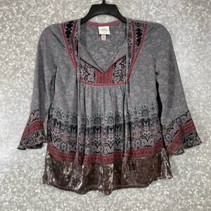 Knox Rose Women's Gray Velvet Trimmed Peasant Blouse - Size XS - Boho Chic Top
